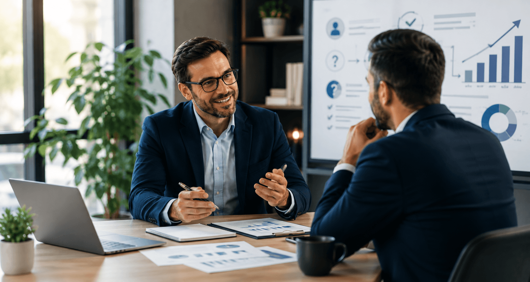 A professional sales consultant discussing business challenges with a client in a modern office meeting room, with charts and analytics displayed in the background to represent solution-based selling and business growth.